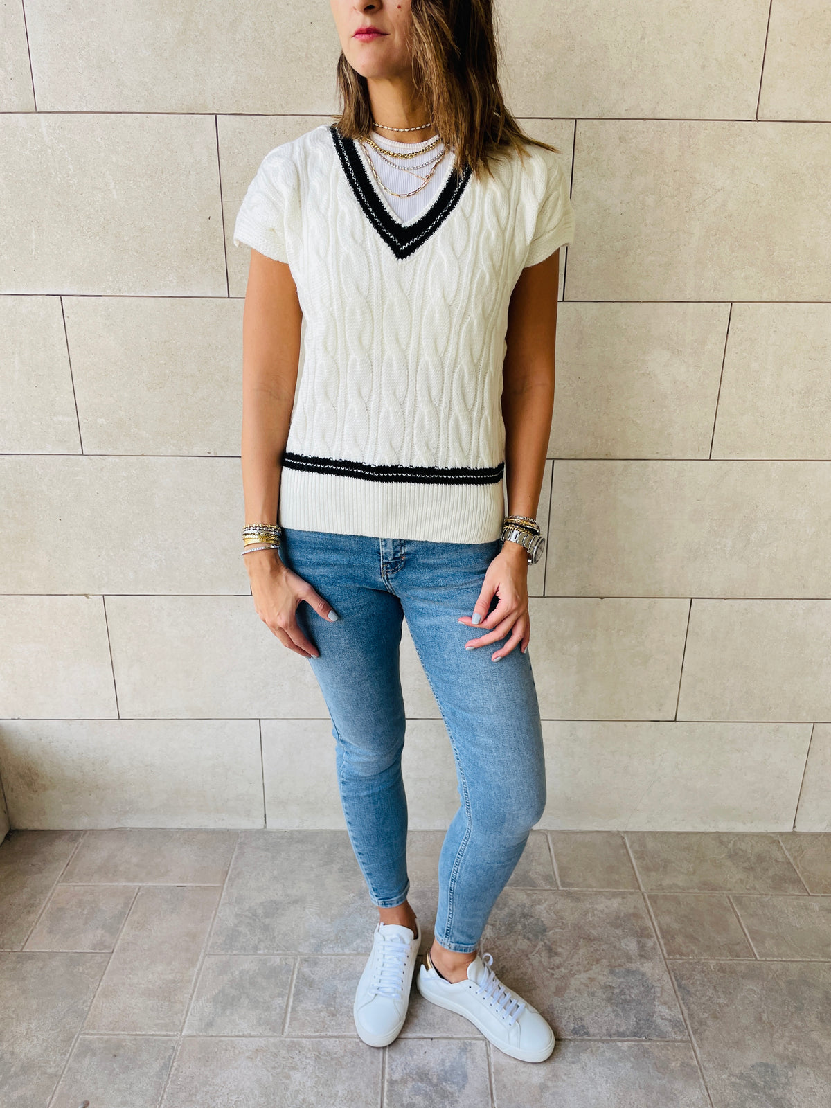 White Preppy V Knit Vest