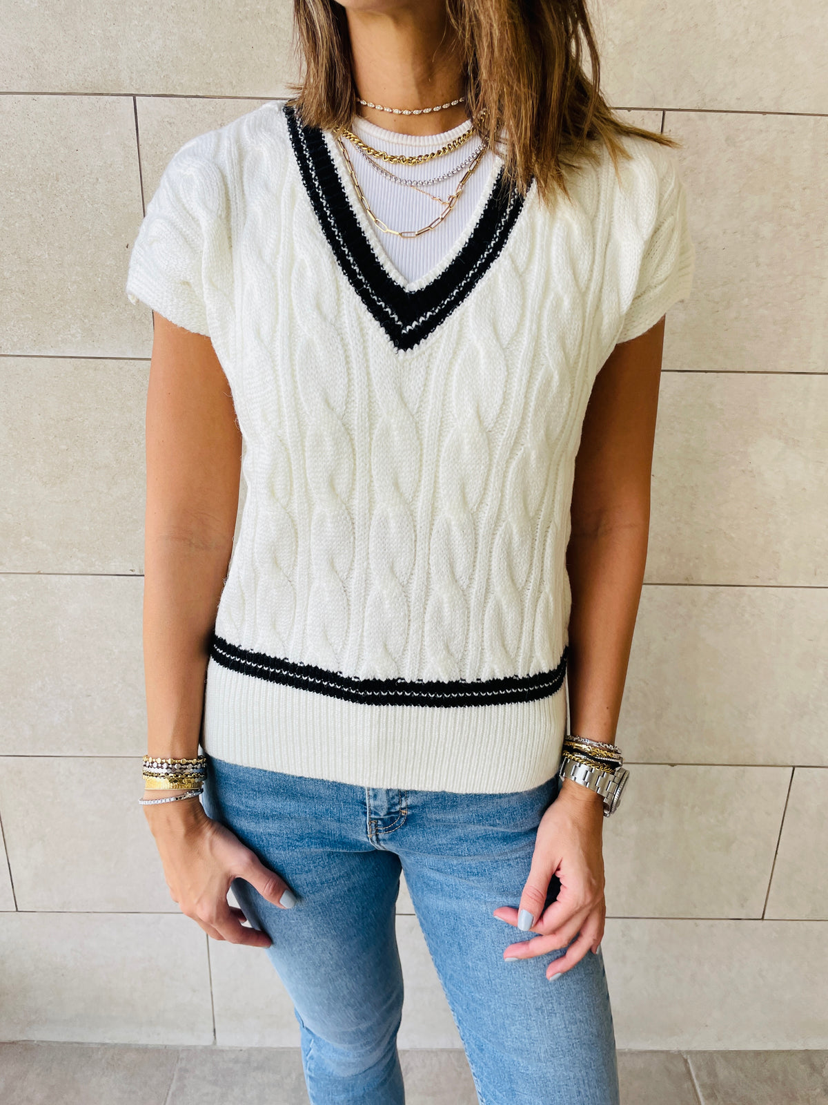 White Preppy V Knit Vest