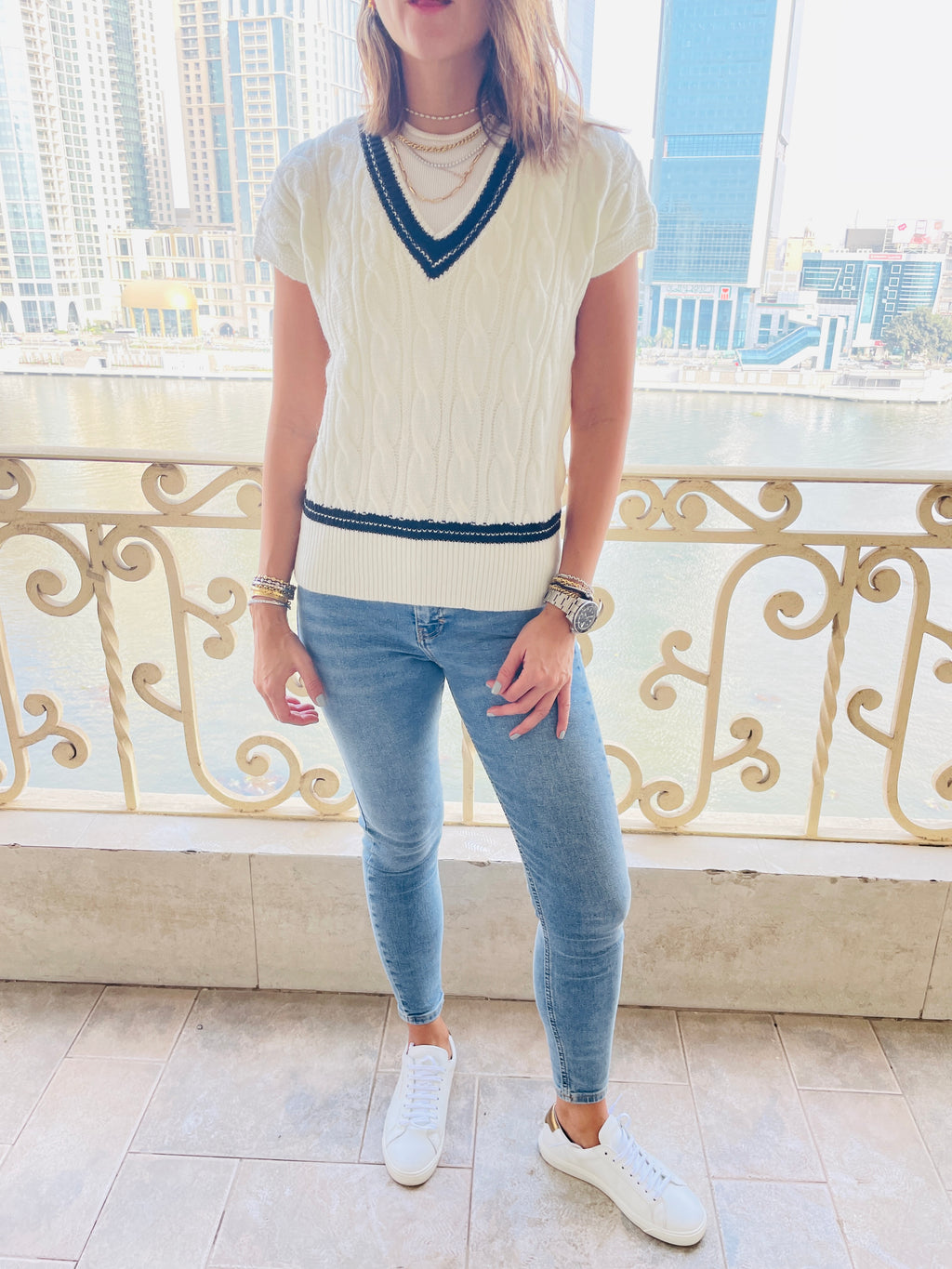 White Preppy V Knit Vest