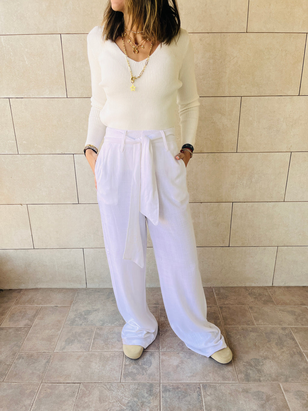 White Linen Belted Flare