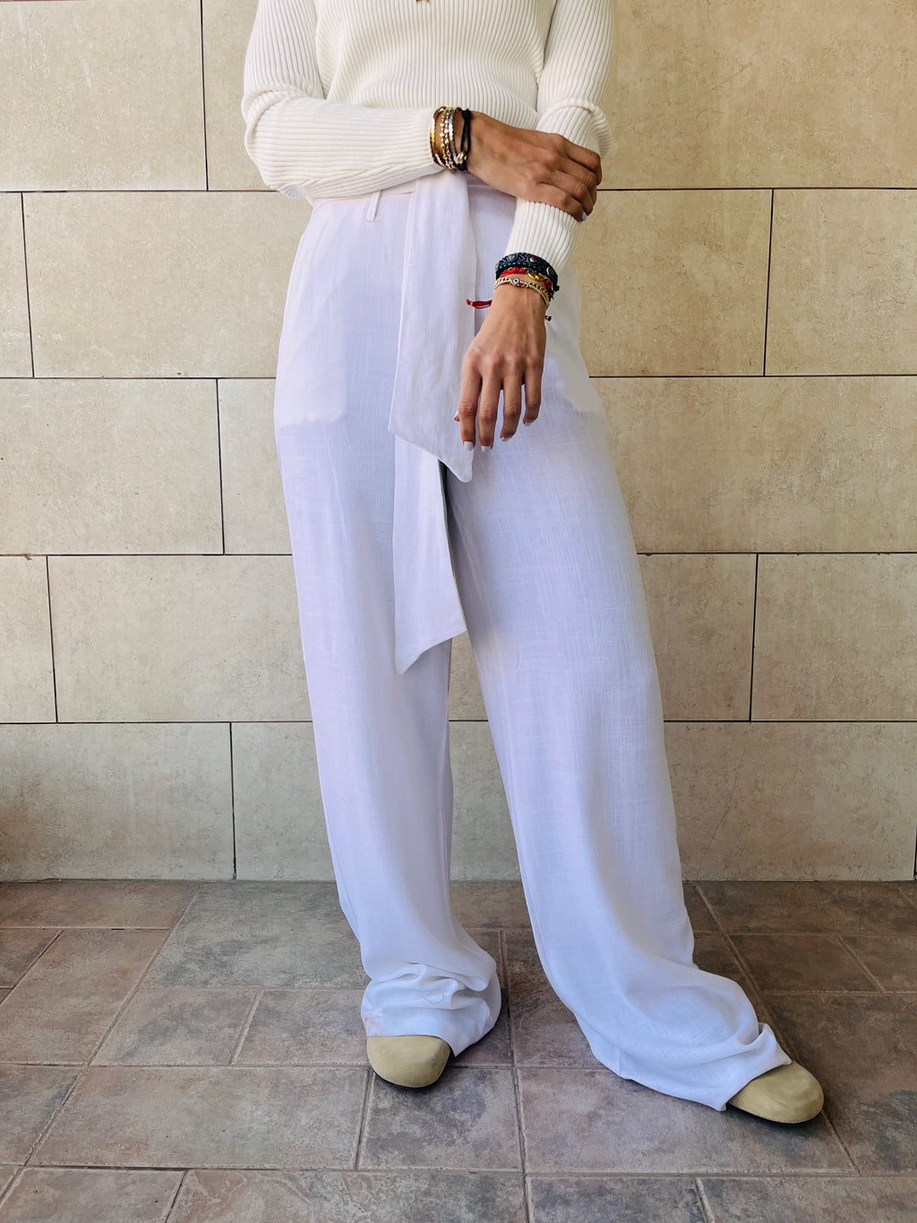 White Linen Belted Flare