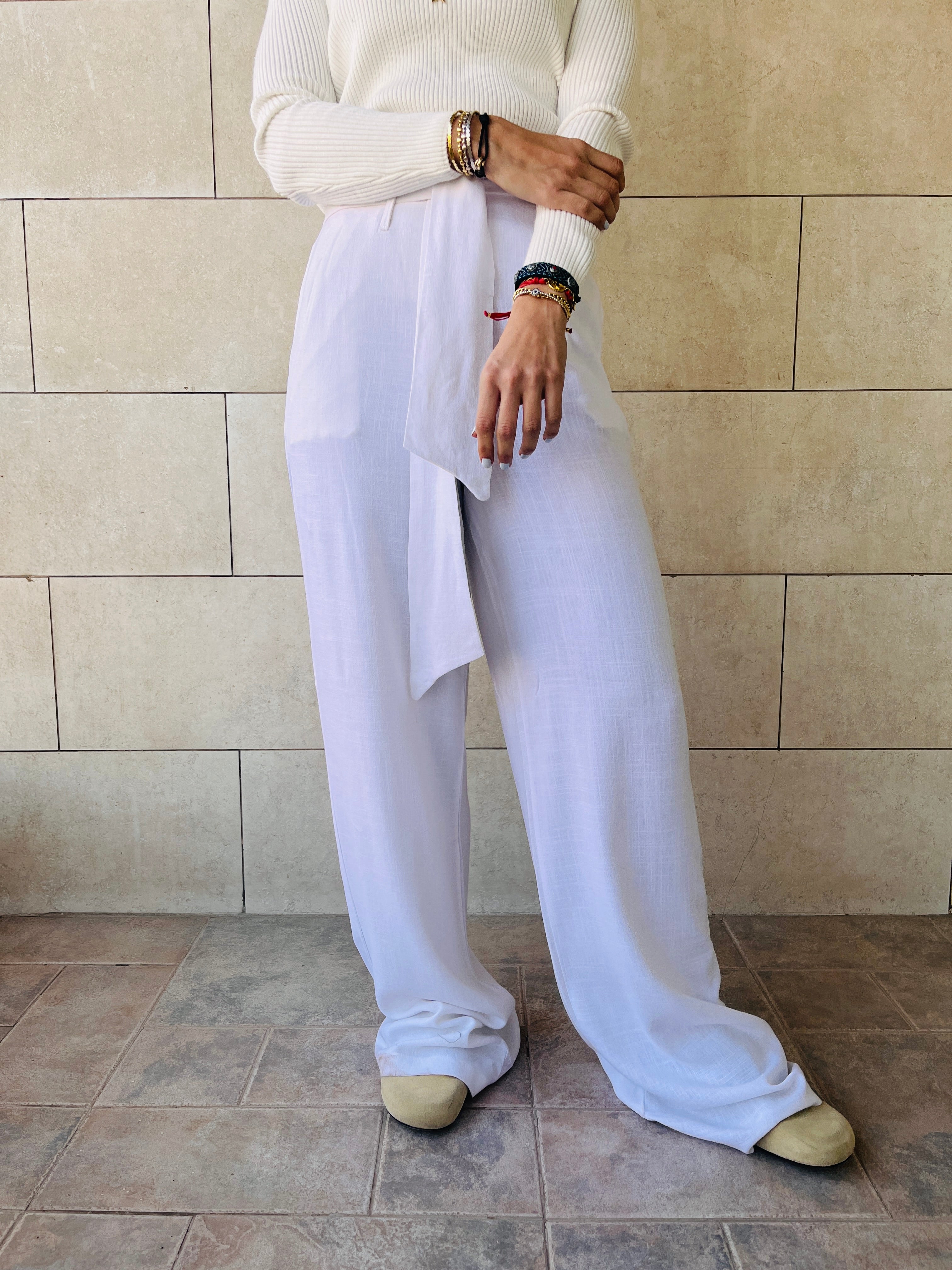 White Linen Belted Flare