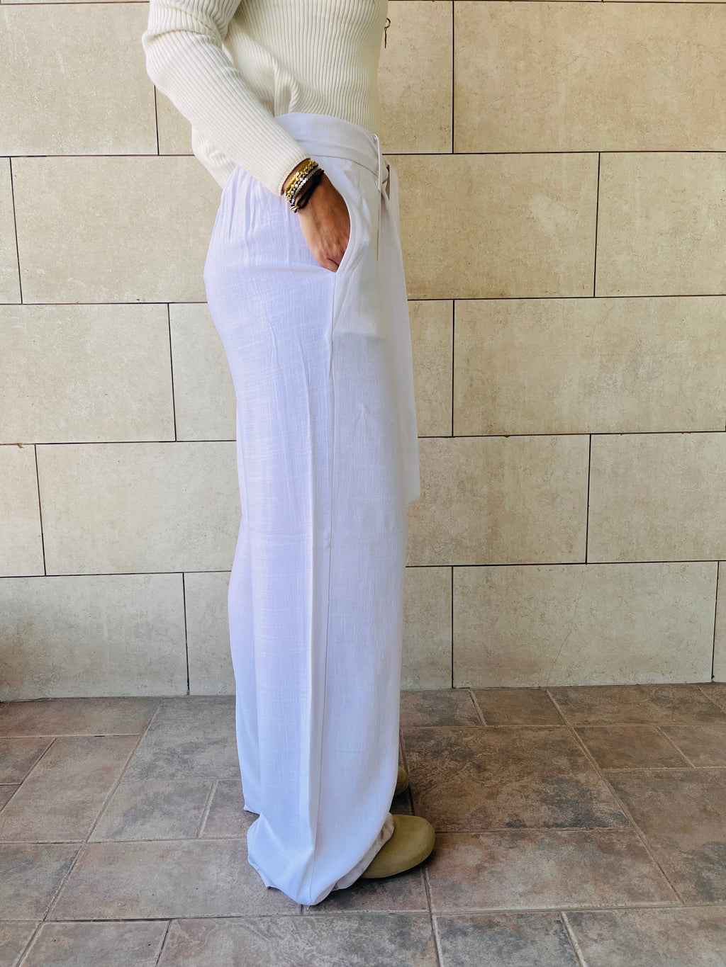 White Linen Belted Flare