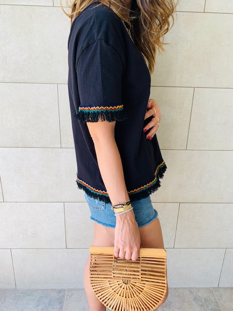 Black Short Sleeve Tassel T-shirt