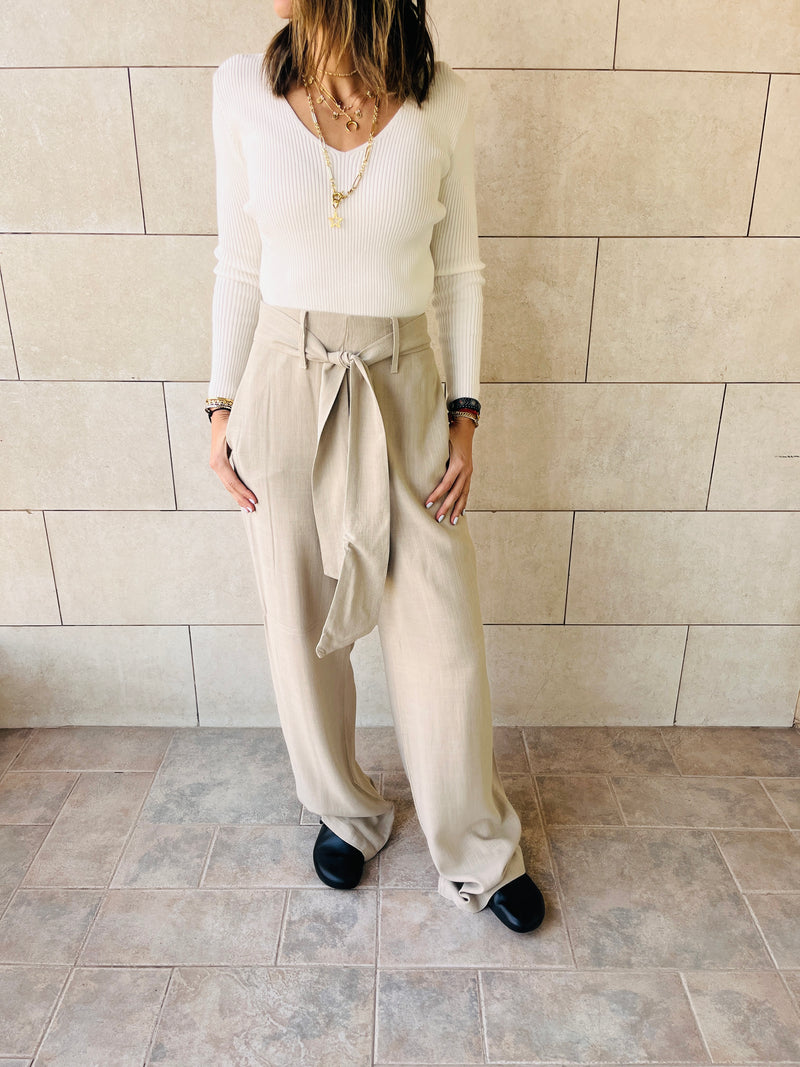 Taupe Linen Belted Flare