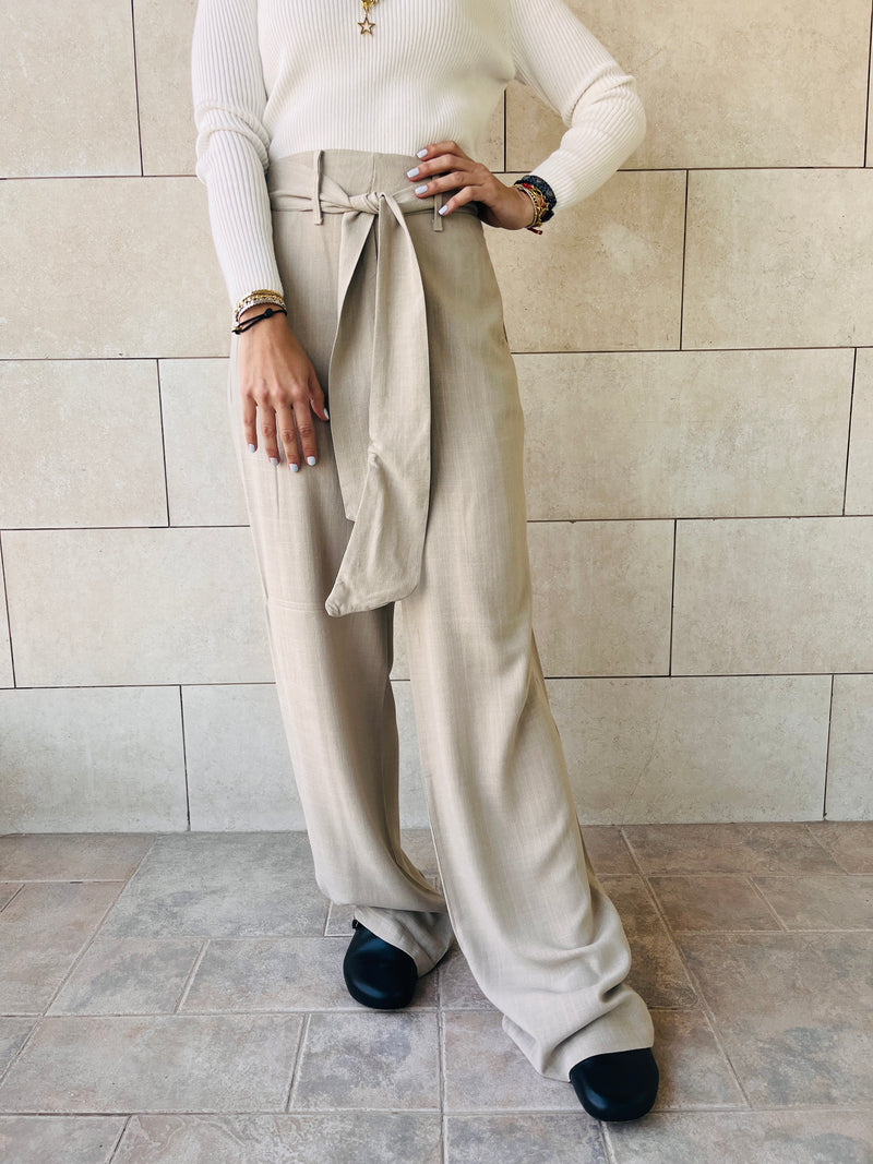 Taupe Linen Belted Flare