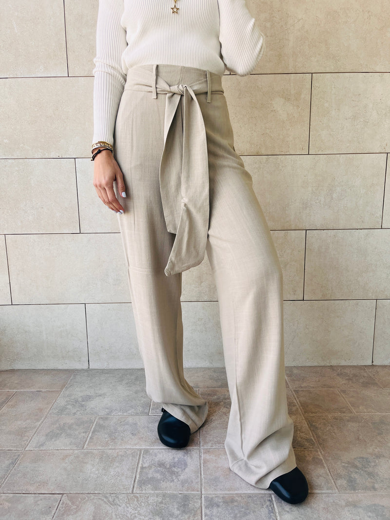 Taupe Linen Belted Flare