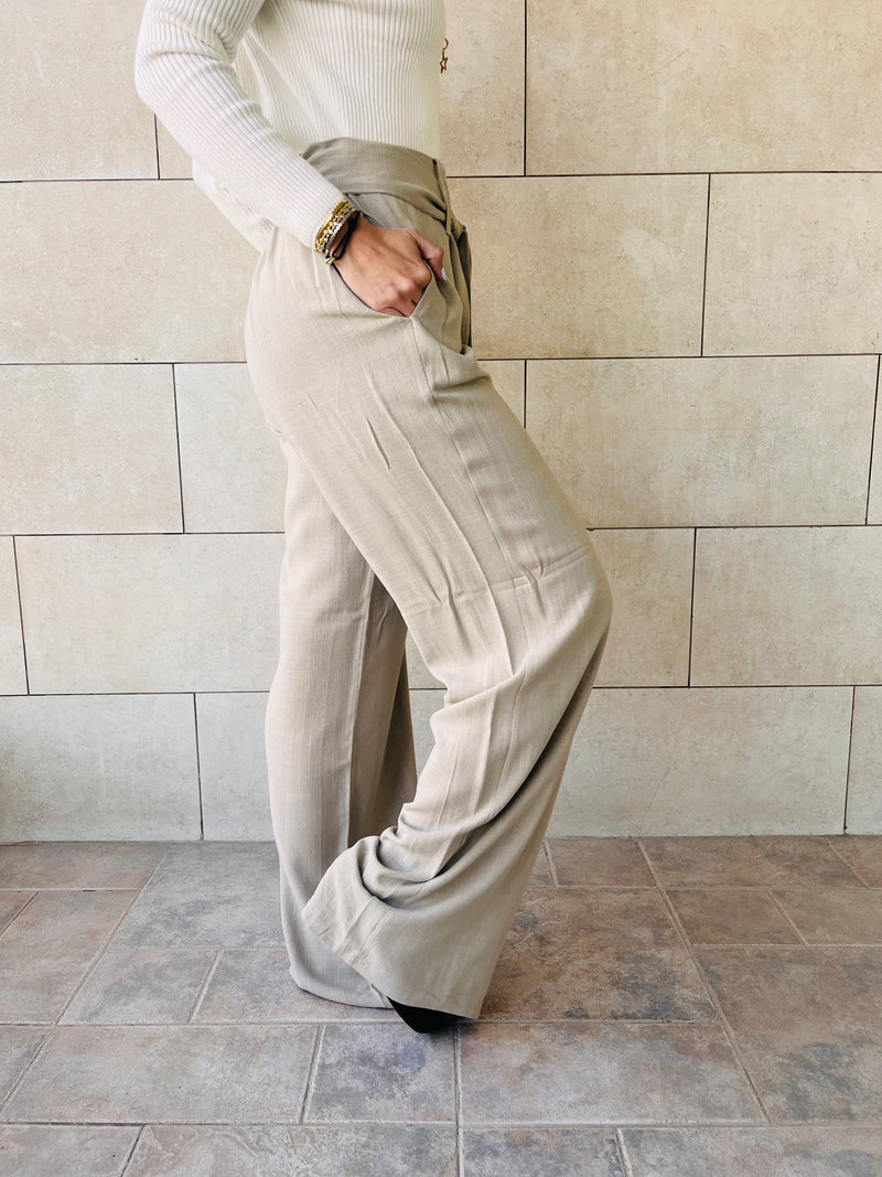 Taupe Linen Belted Flare