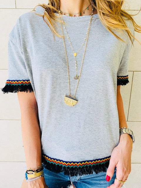 Grey Short Sleeve Tassel T-shirt