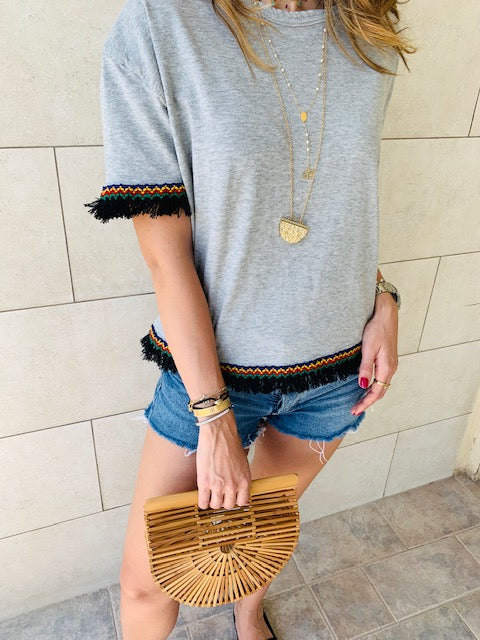 Grey Short Sleeve Tassel T-shirt