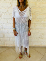 White Tassel Crochet Poncho