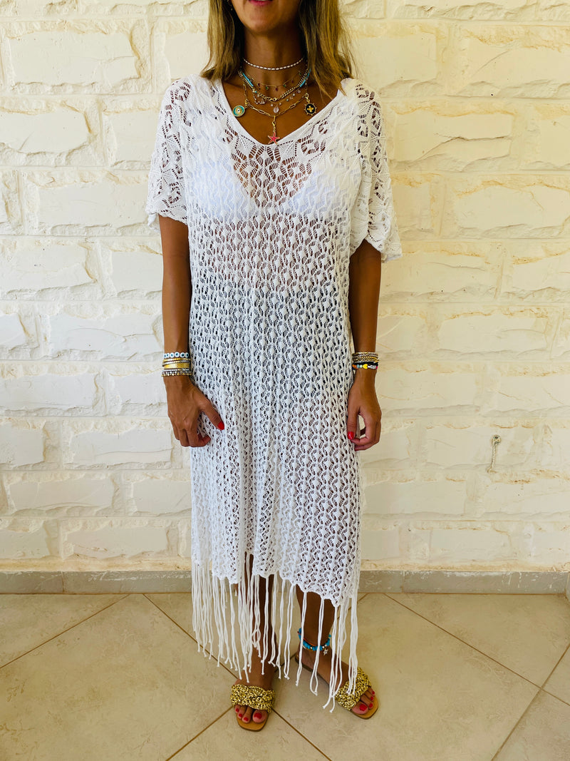 White Tassel Crochet Poncho