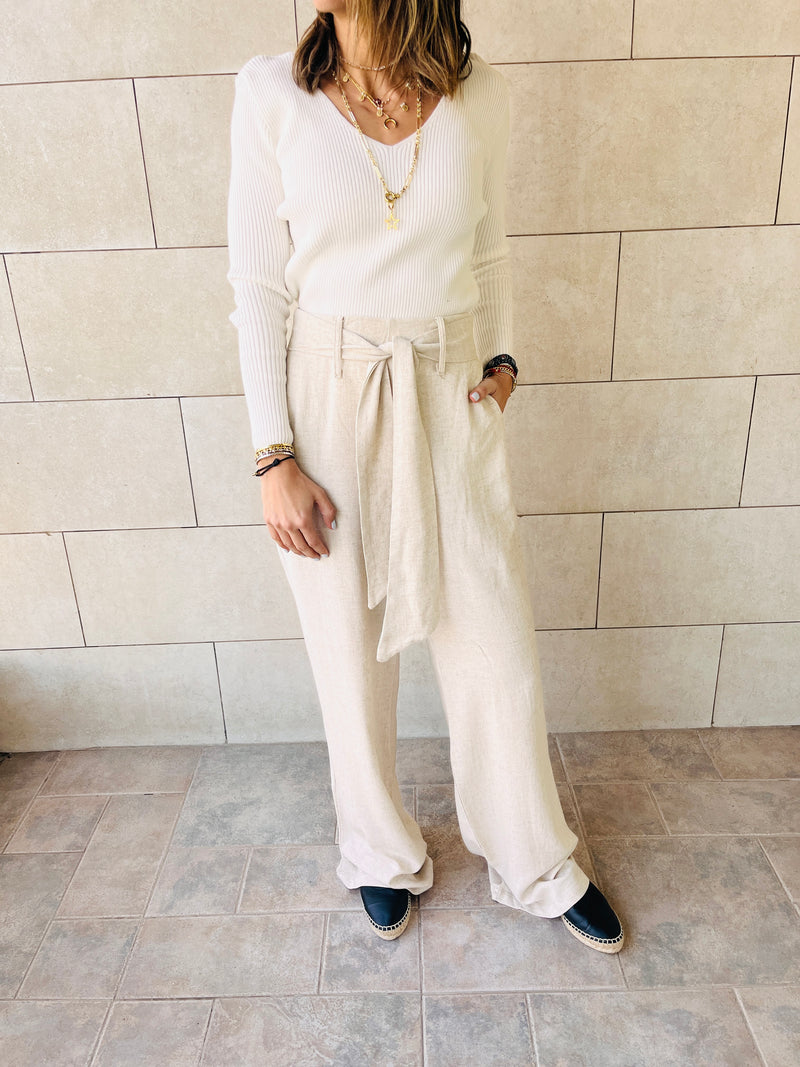 Beige Linen Belted Flare