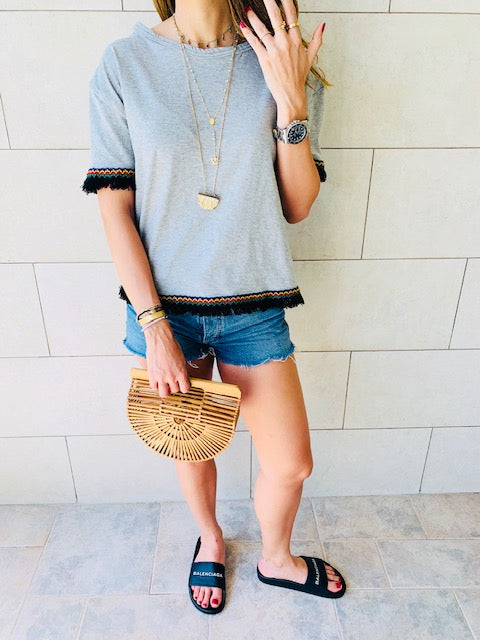 Grey Short Sleeve Tassel T-shirt