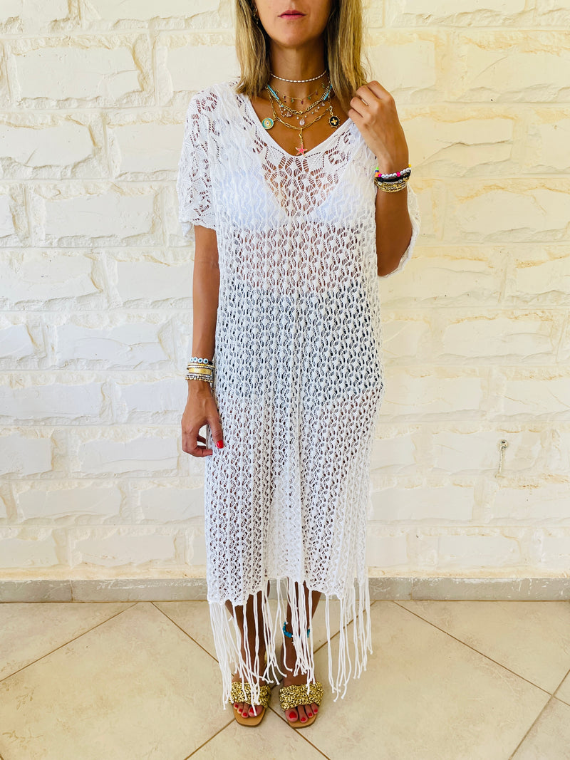 White Tassel Crochet Poncho