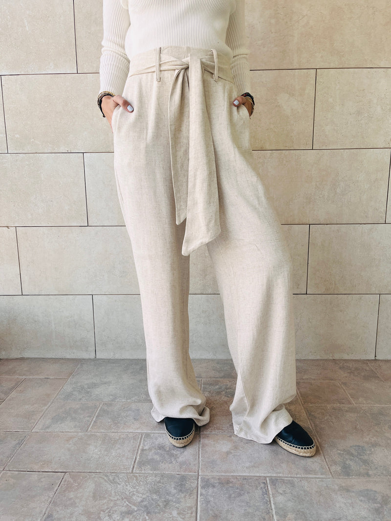 Beige Linen Belted Flare