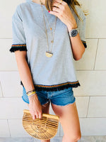 Grey Short Sleeve Tassel T-shirt