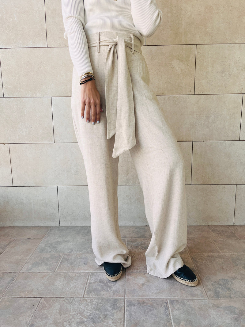 Beige Linen Belted Flare