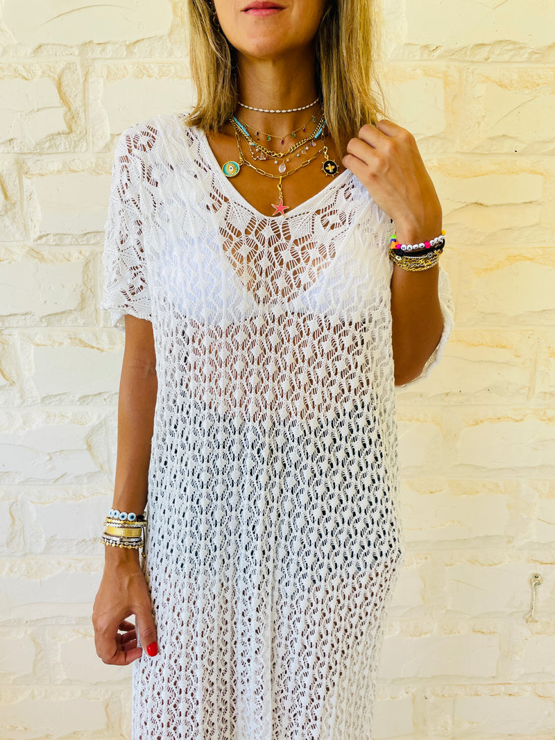White Tassel Crochet Poncho
