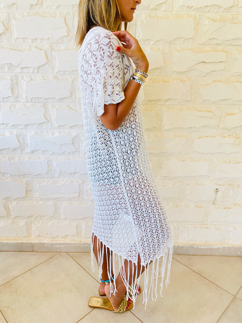 White Tassel Crochet Poncho
