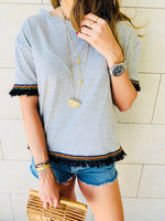 Grey Short Sleeve Tassel T-shirt