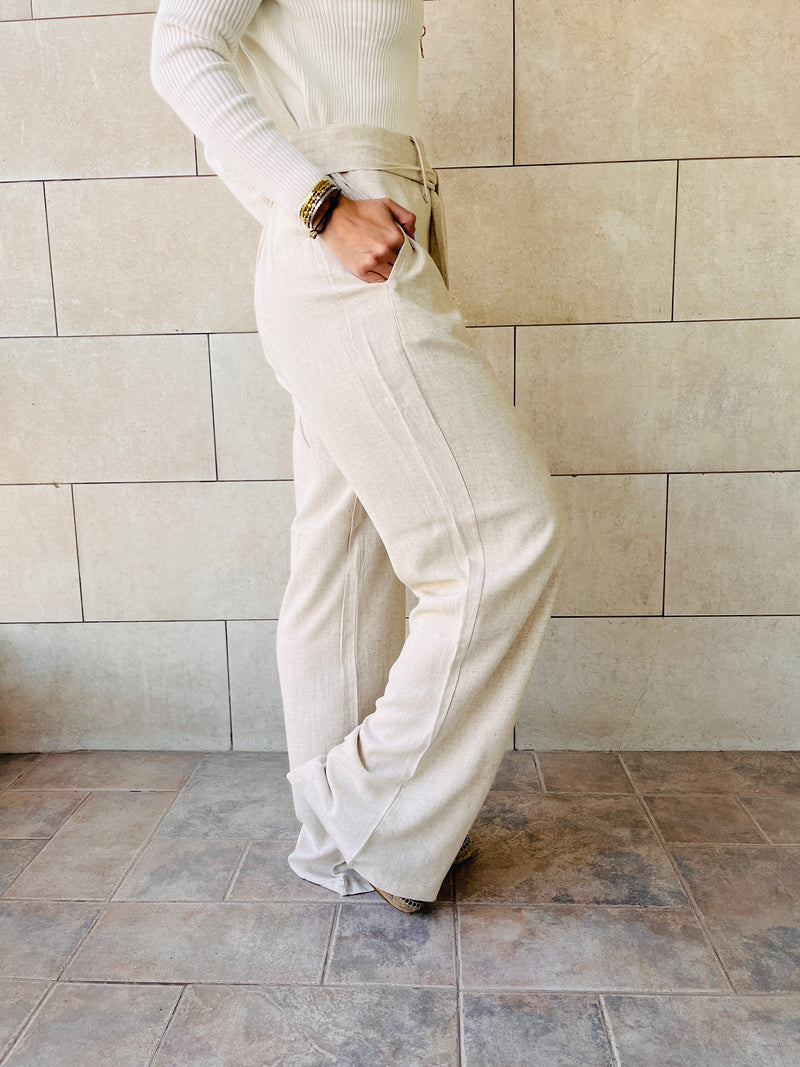 Beige Linen Belted Flare