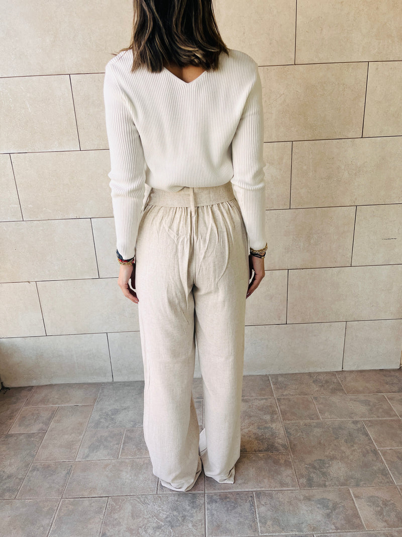 Beige Linen Belted Flare