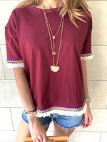 Burgundy Short Sleeve Tassel T-shirt