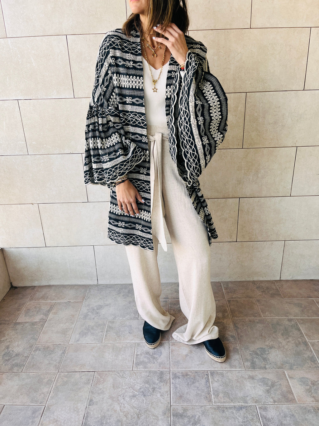 Black Embroidered Flowy Kimono