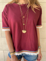 Burgundy Short Sleeve Tassel T-shirt