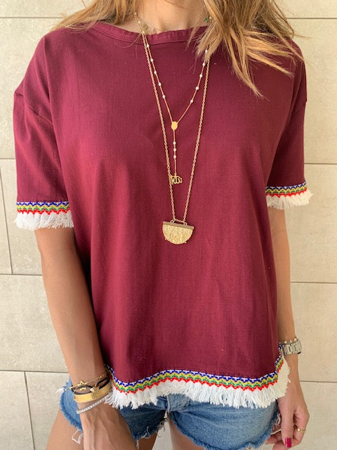 Burgundy Short Sleeve Tassel T-shirt