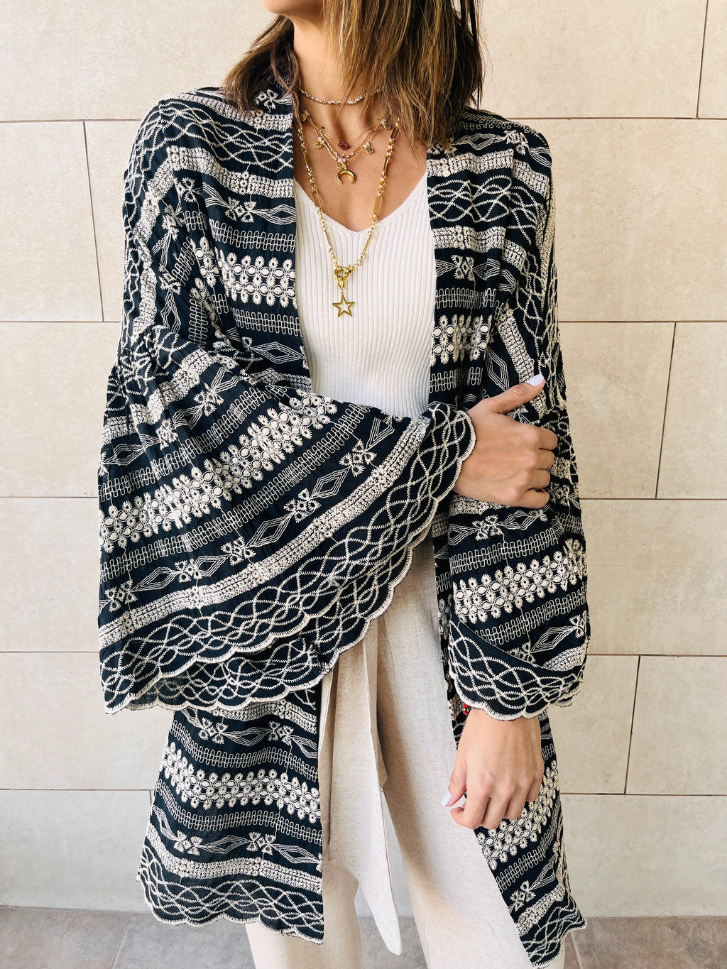 Black Embroidered Flowy Kimono