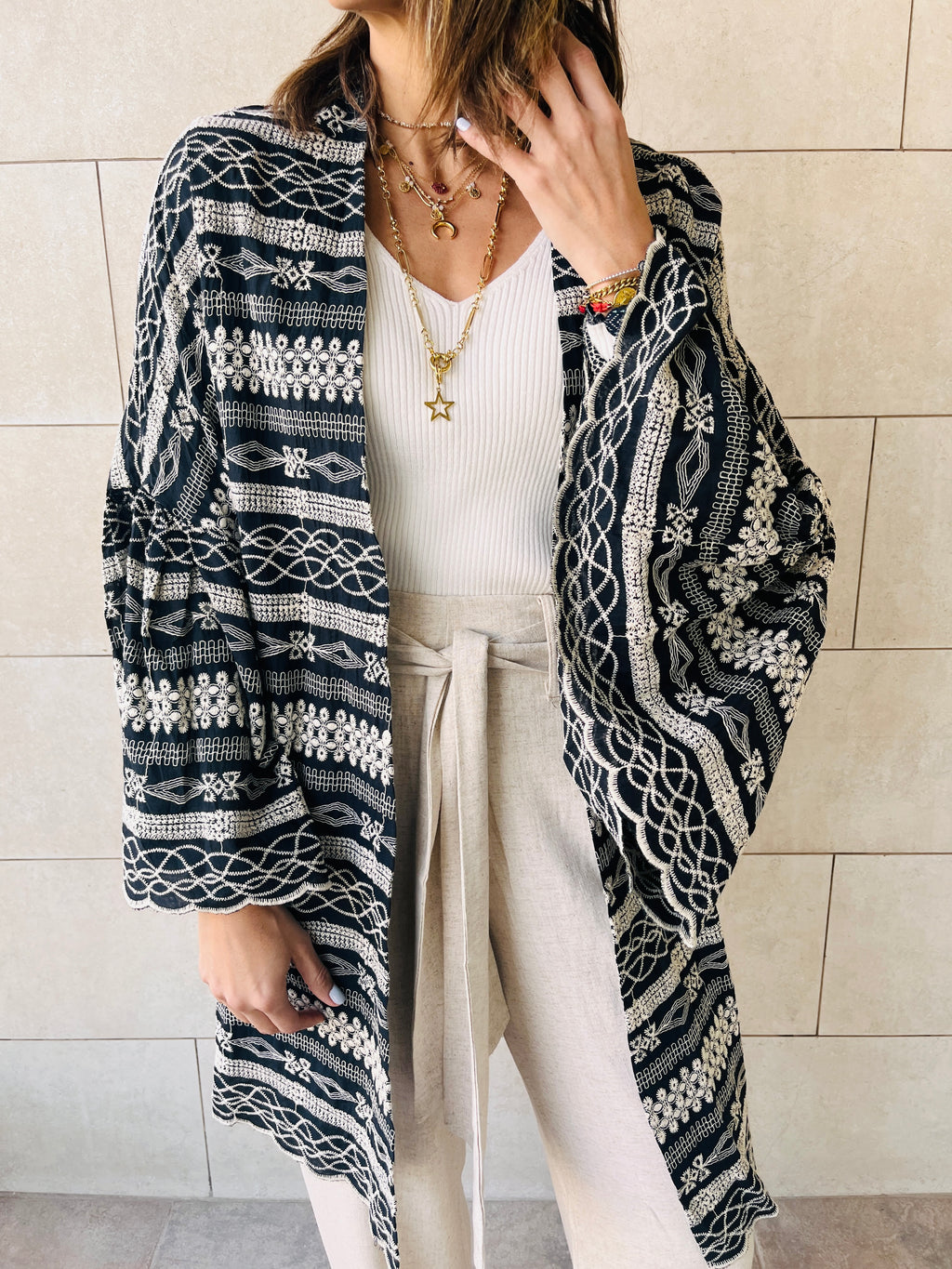 Black Embroidered Flowy Kimono