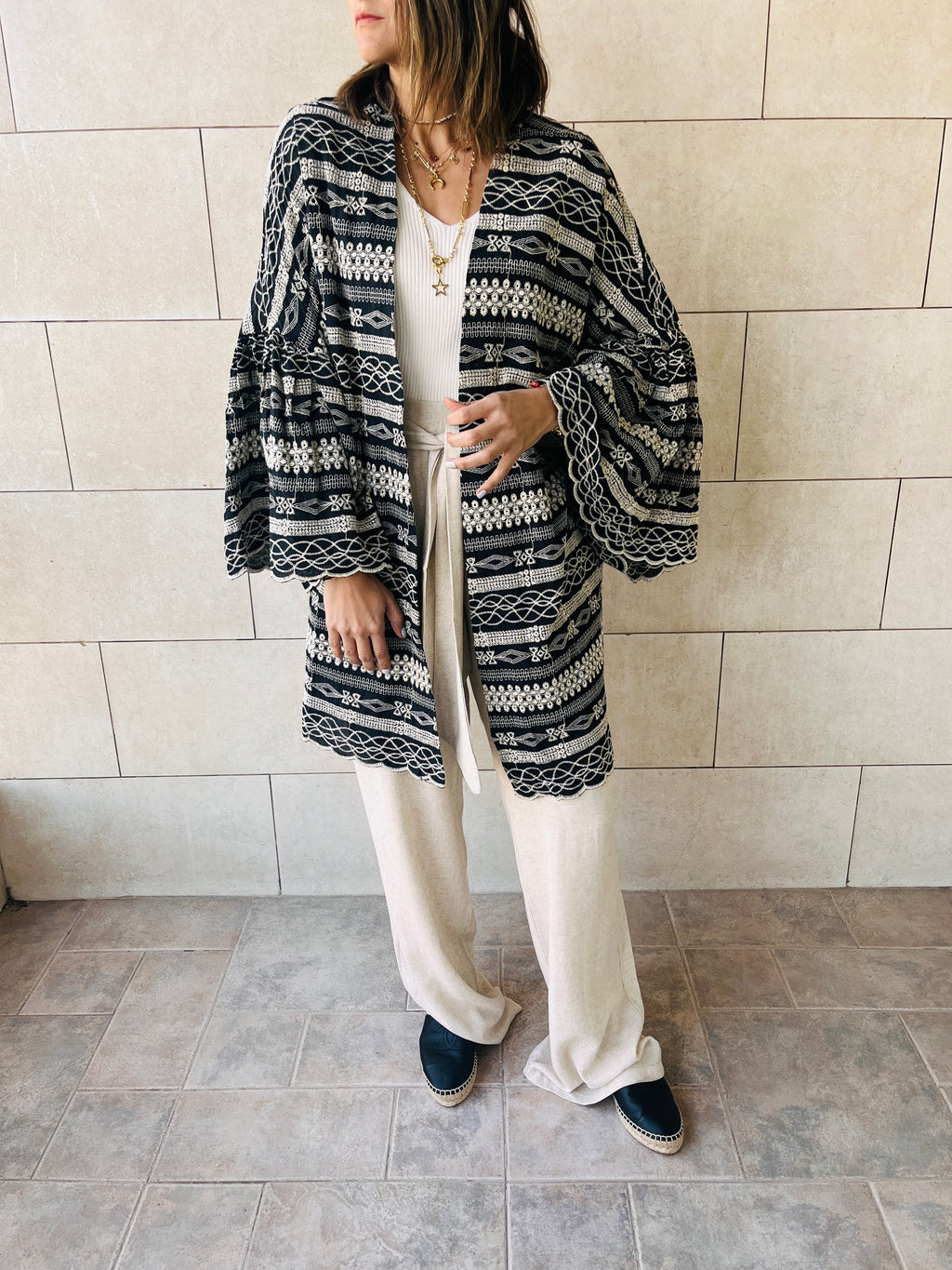 Black Embroidered Flowy Kimono