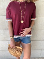 Burgundy Short Sleeve Tassel T-shirt