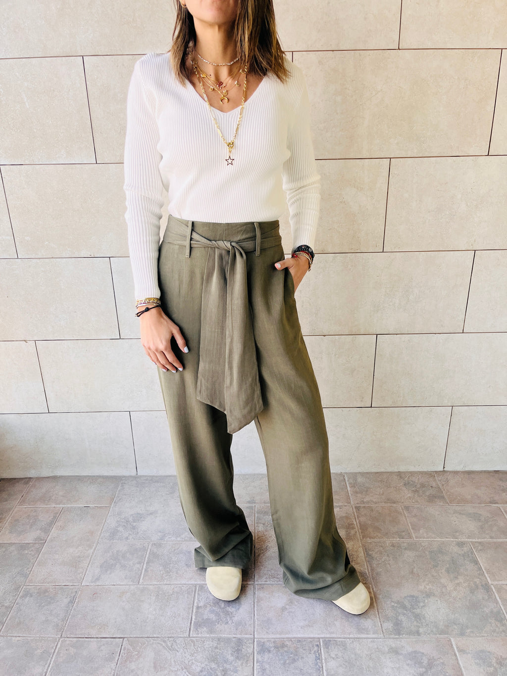 Olive Linen Belted Flare