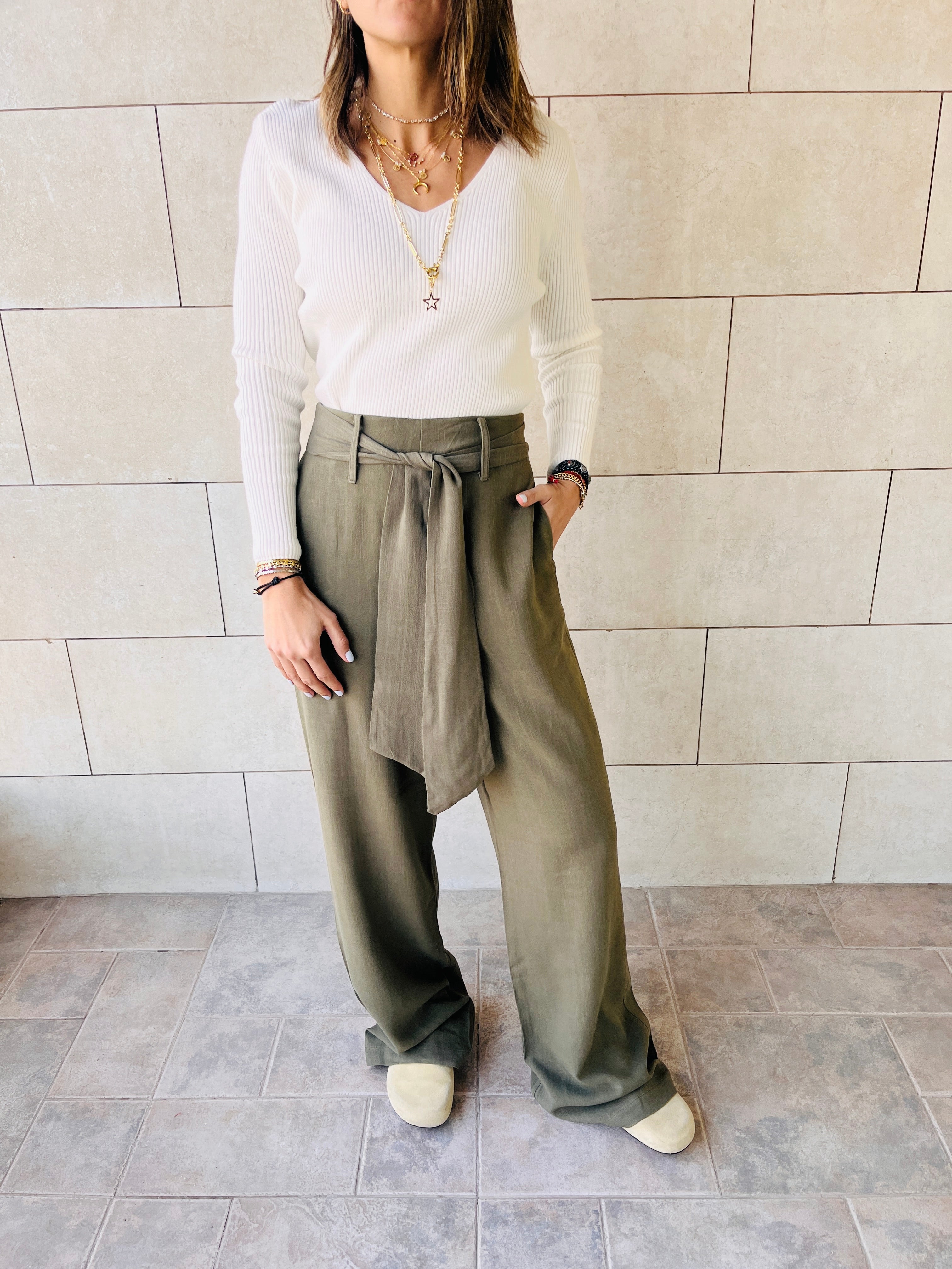Olive Linen Belted Flare