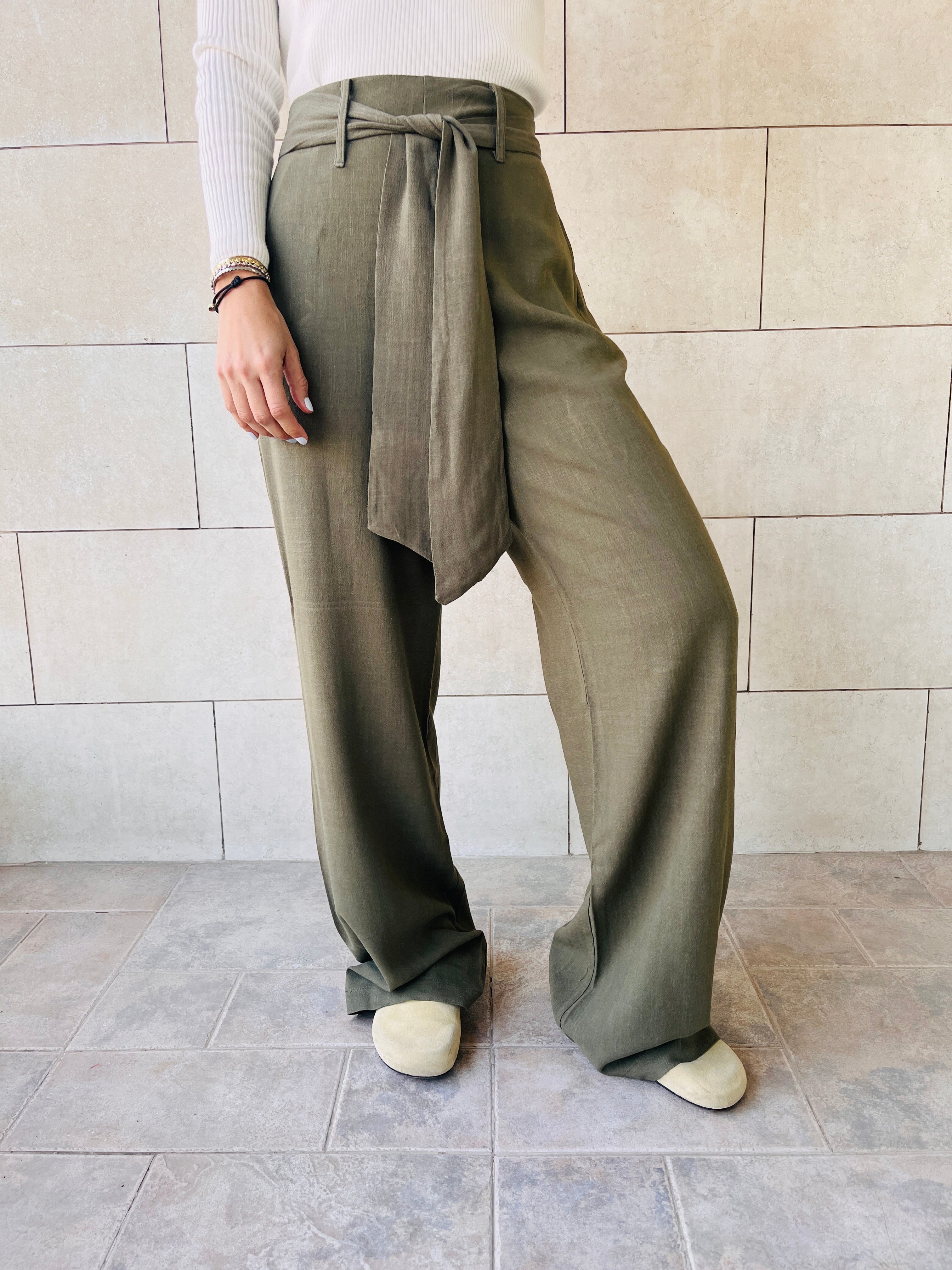 Olive Linen Belted Flare