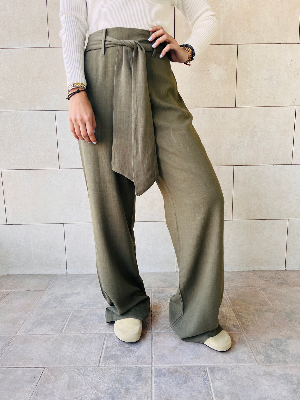 Olive Linen Belted Flare
