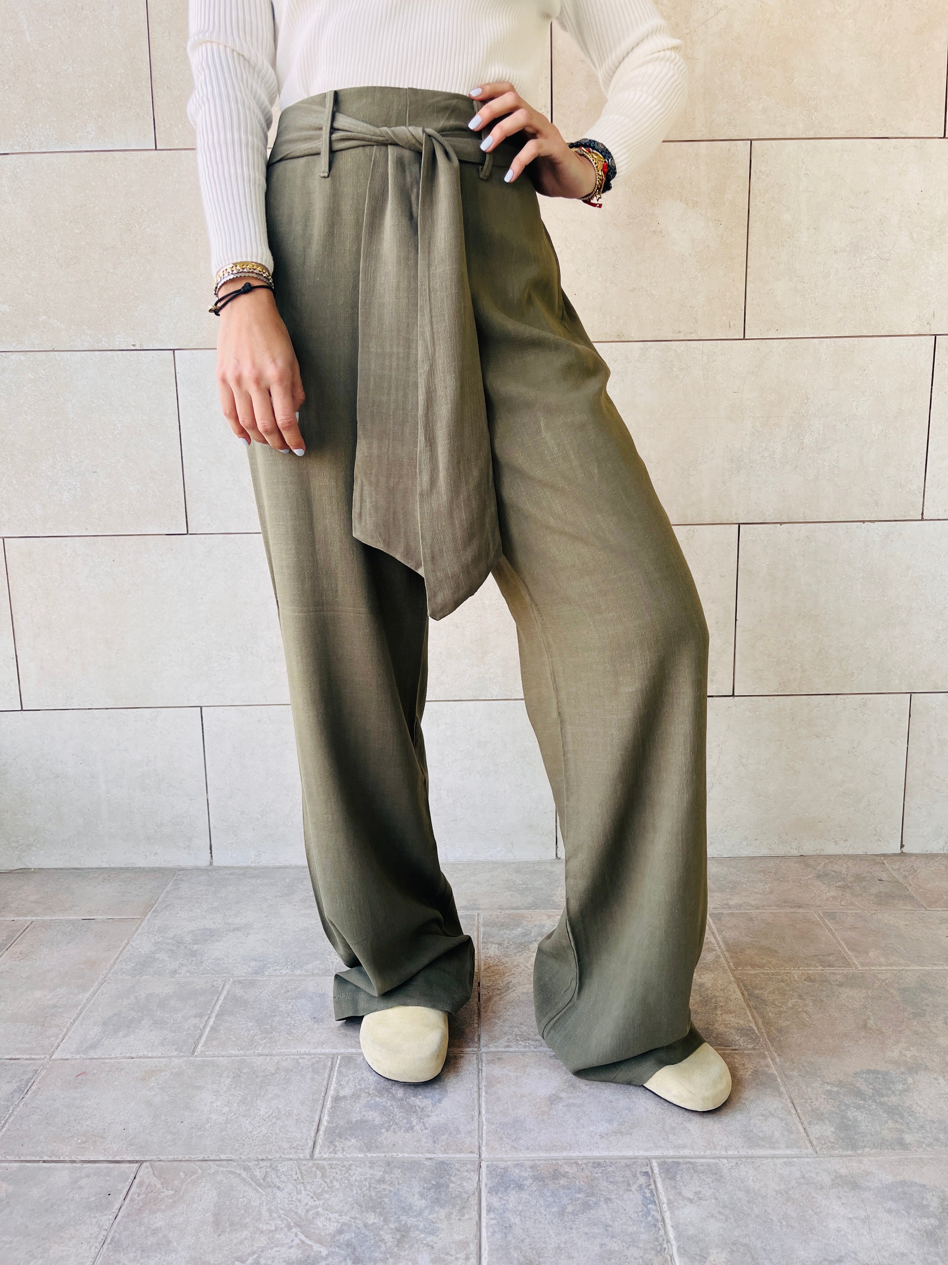 Olive Linen Belted Flare