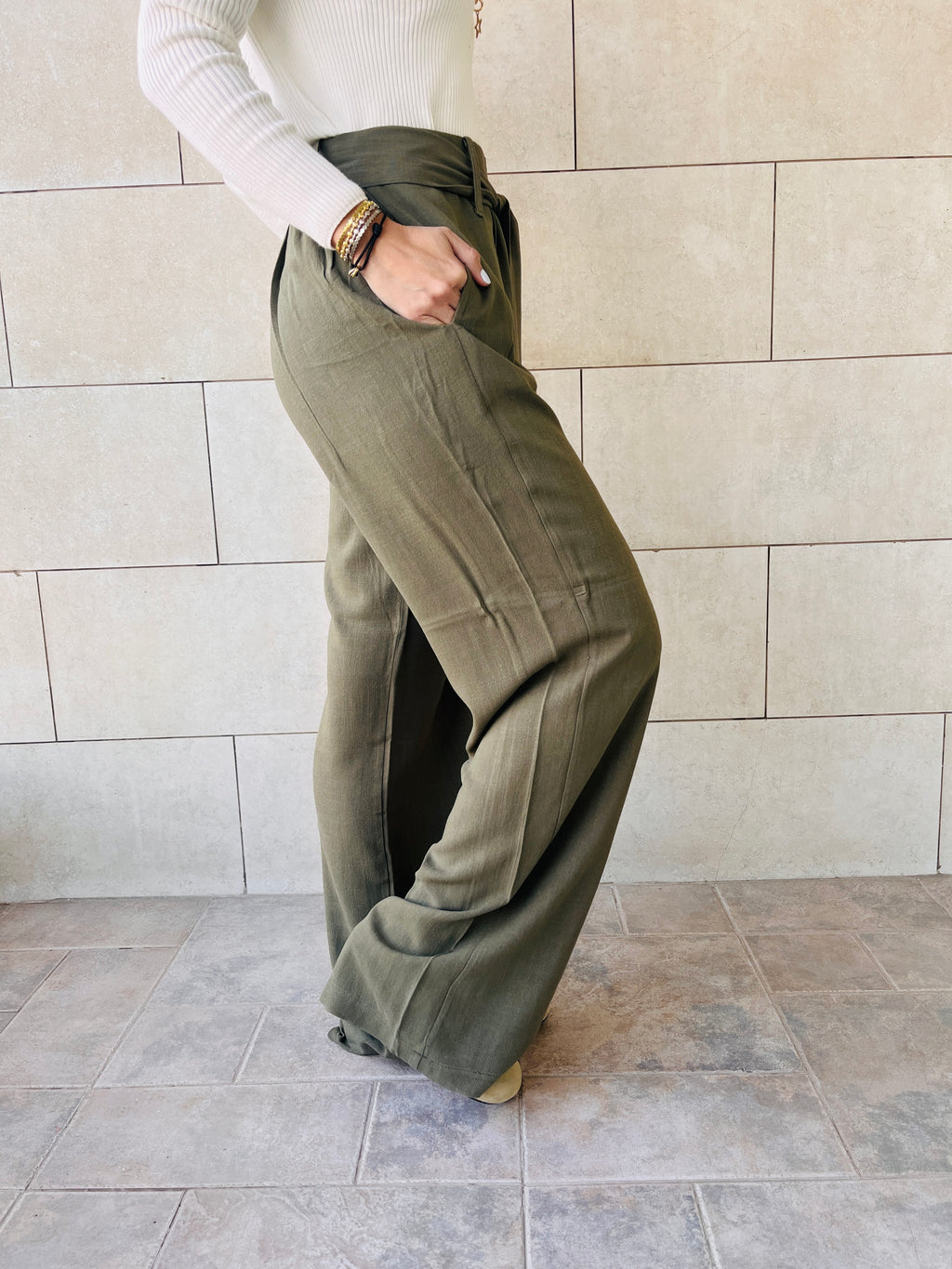 Olive Linen Belted Flare