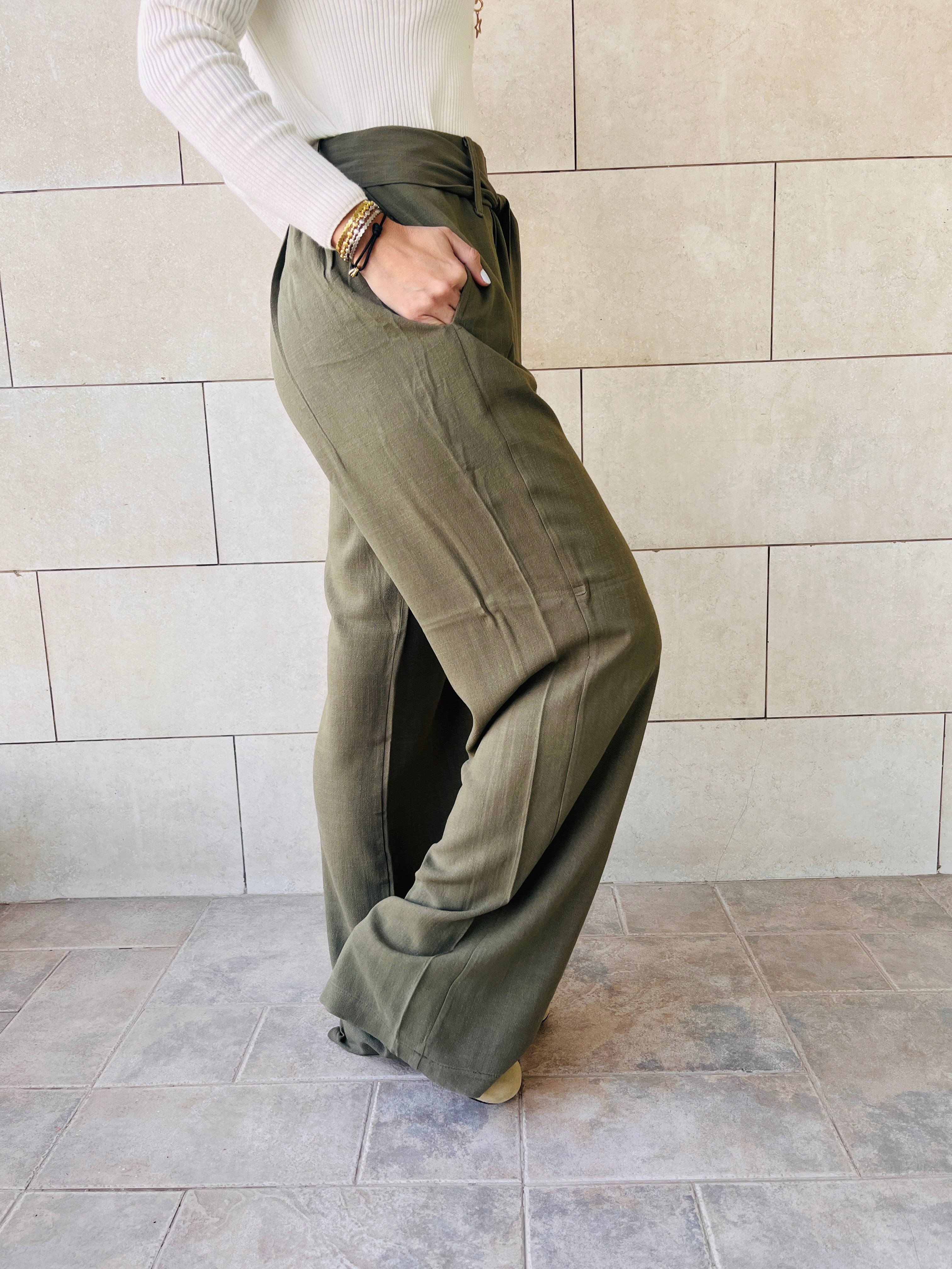 Olive Linen Belted Flare