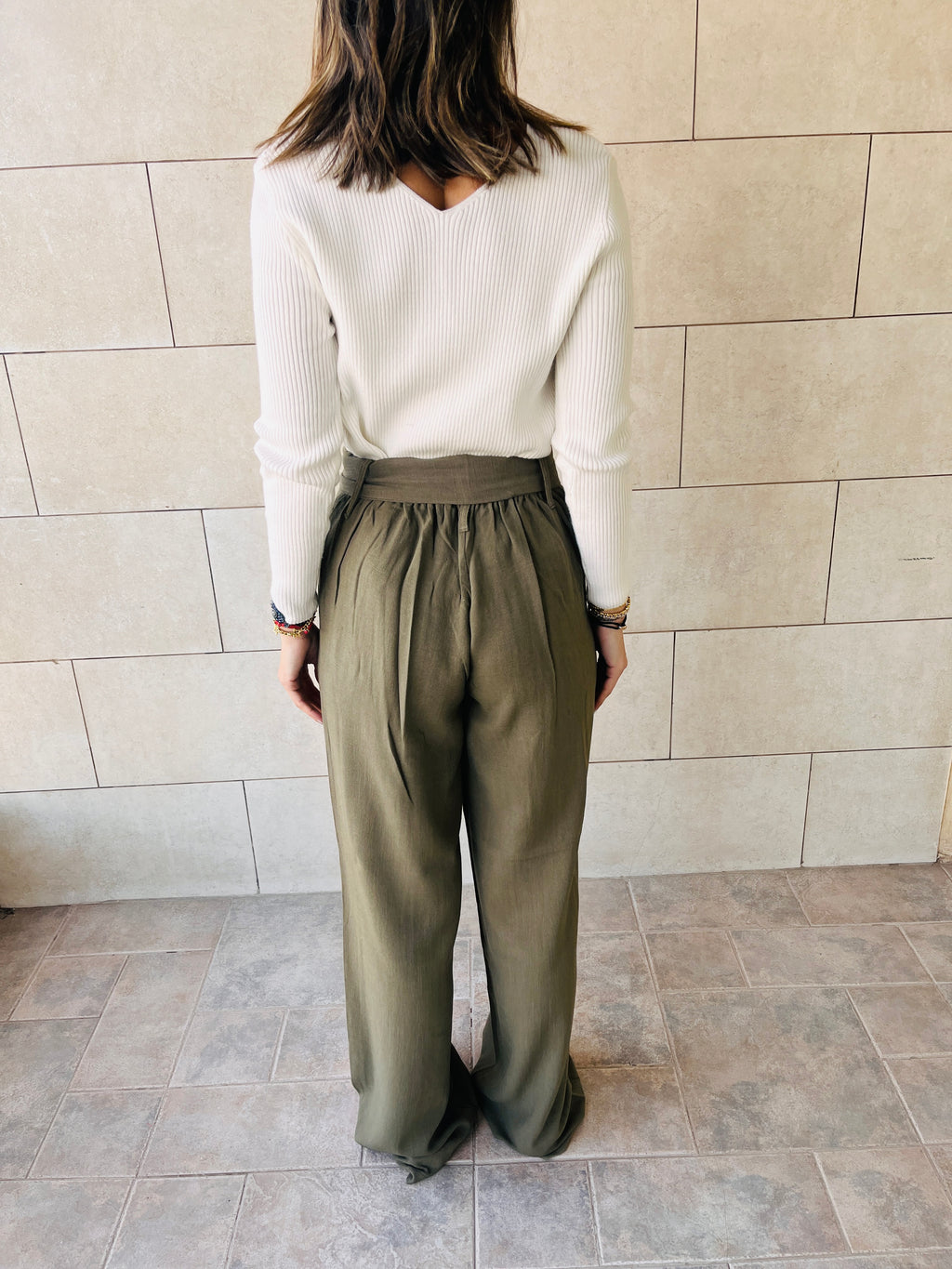 Olive Linen Belted Flare