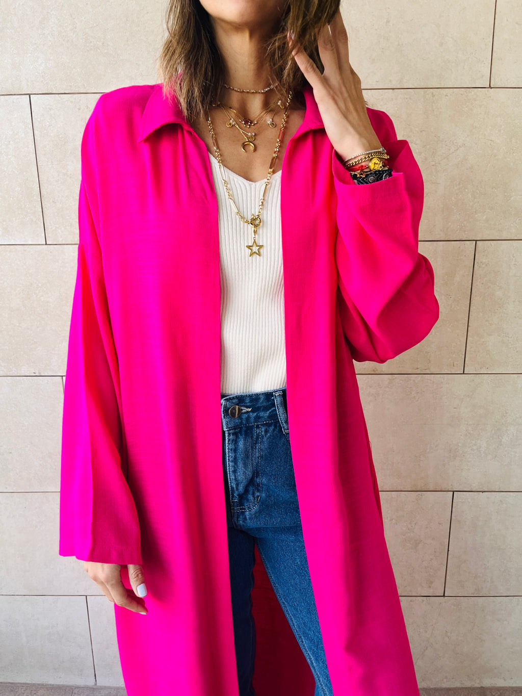 Fuchsia Linen Open Shirt