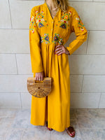 Mustard Cabana Embroidered Linen Dress