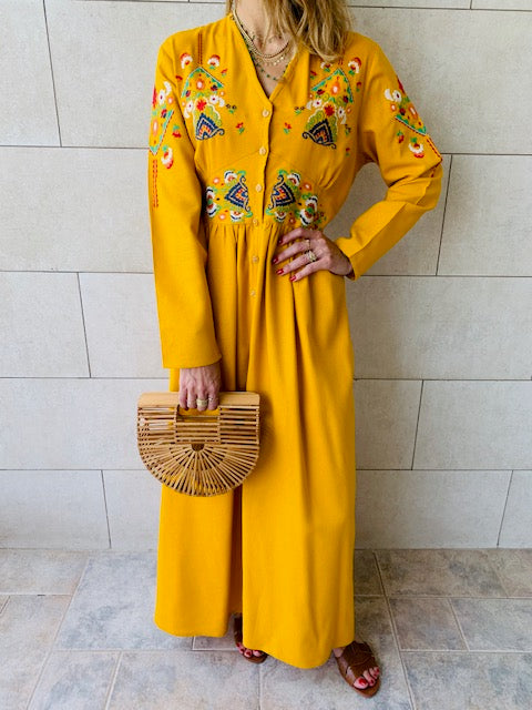 Mustard Cabana Embroidered Linen Dress