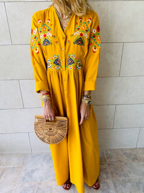 Mustard Cabana Embroidered Linen Dress