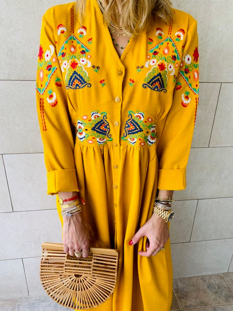 Mustard Cabana Embroidered Linen Dress