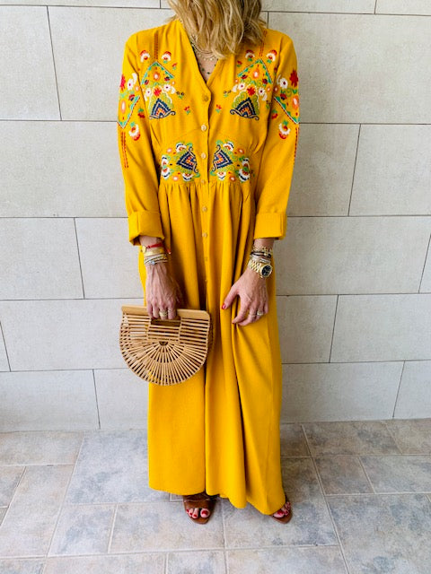 Mustard Cabana Embroidered Linen Dress