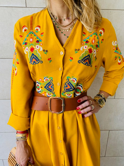 Mustard Cabana Embroidered Linen Dress